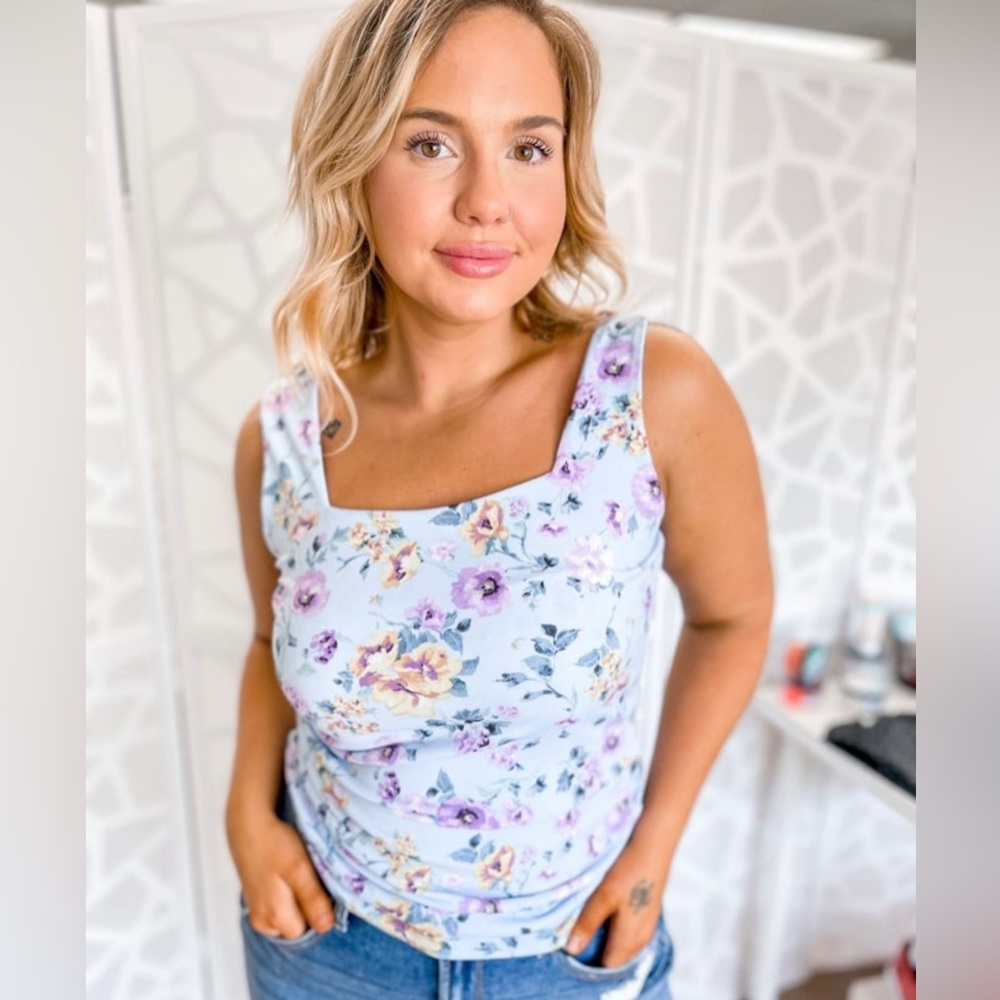 Blue Floral Square Neck Tank